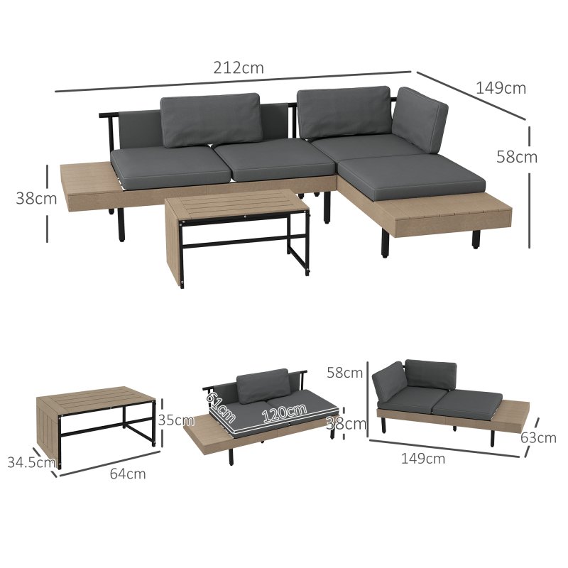 Outsunny 3 Pieces Garden Furniture Set, L Shaped 4 Seater Corner Sofa Set with Table and Cushions, HDPE, Outdoor Patio Sofa Set for Patio, Grey