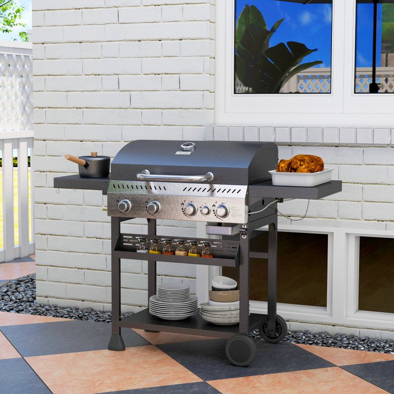 Outsunny 4+1 Gas Burner Grill, 12.5 kW Propane Gas Barbecue BBQ Grill with Wheels, Warming Rack, Shelves, Thermometer, Bottle Opener, Black