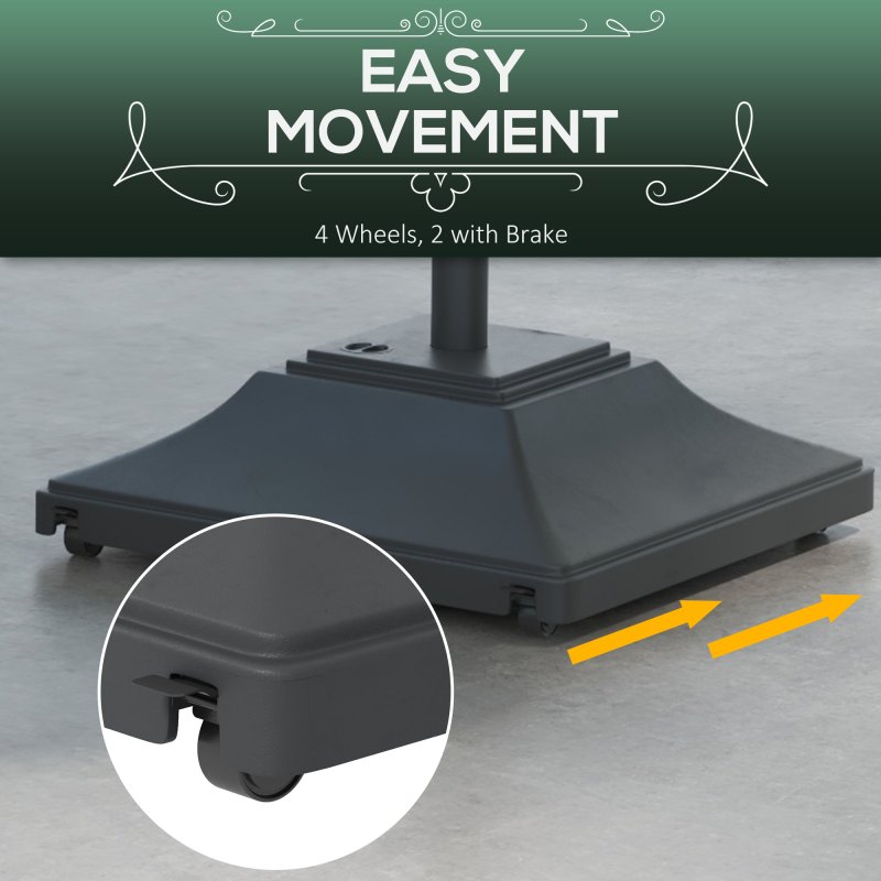 Outsunny Square Parasol Base with Wheels, 45kg Water or 60kg Sand Filled, Heavy Duty HDPE Umbrella Stand with Double Adjustable Knob, Fillable Parasol Stand for 38mm and 48mm Poles, Black