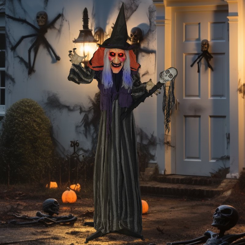Outsunny 160 cm Life Size Halloween Animated Standing Witch & Skull Staff with Glowing LED Eyes & Head, Spooky Witch Scary Halloween Decorations, Battery Operated, Indoor Party Props