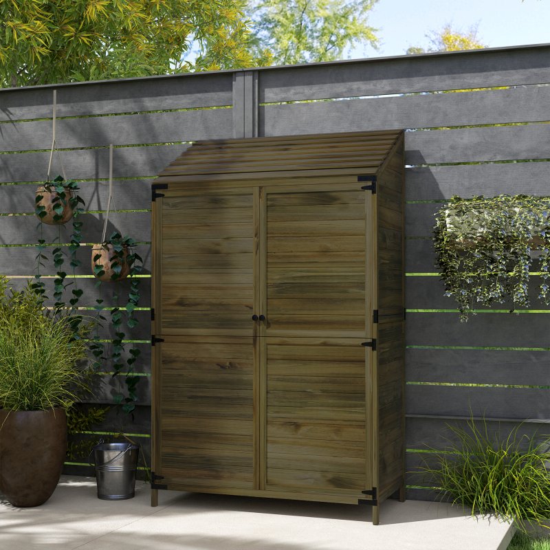 Outsunny Lean-to Small Shed, Tall Wooden Garden Shed with Slatted Bottom, Magnetic Doors, Double Shelves, Outdoor Tool Log Store, 103.5 x 59 x 174.5 cm, Olive Brown