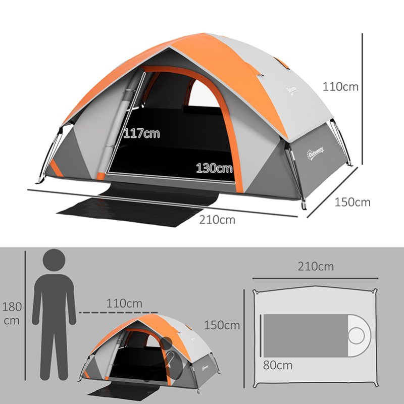 Outsunny Camping Tent, 2 Man Dome Tent, 3000mm Waterproof, with Sewn-in Groundsheet, Carry Bag and Top Hook, for Fishing Hiking Festival, Grey and Orange