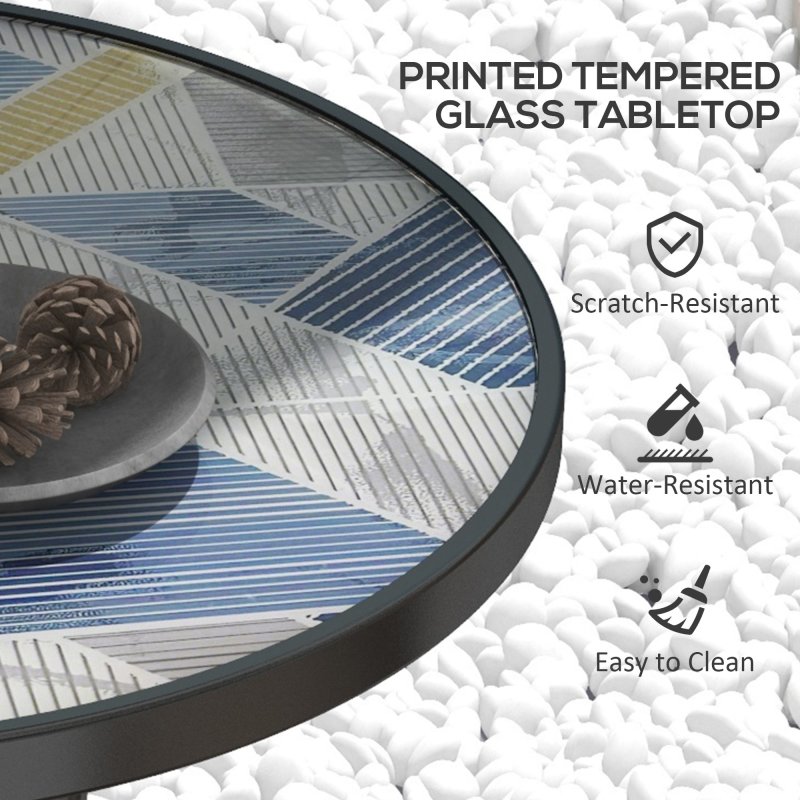 Outsunny ??60 cm Garden Round Coffee Table,  Outdoor Side Table with Tempered Glass Printed Table Top and Foot Pads for Porch, Balcony, Multicolour