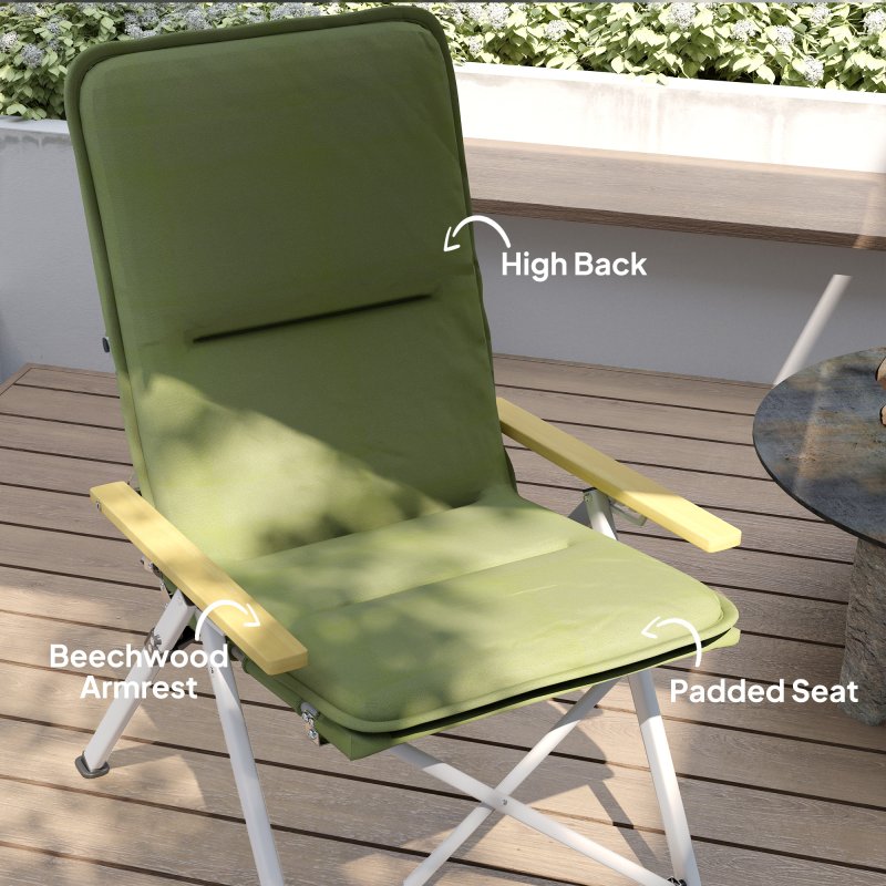 Outsunny Portable Camping Chair for Adults, High Back Folding Chair with Padded Seat and Carry Bag, Outdoor Recliner for Hiking, Fishing, Beach and Picnic, Green