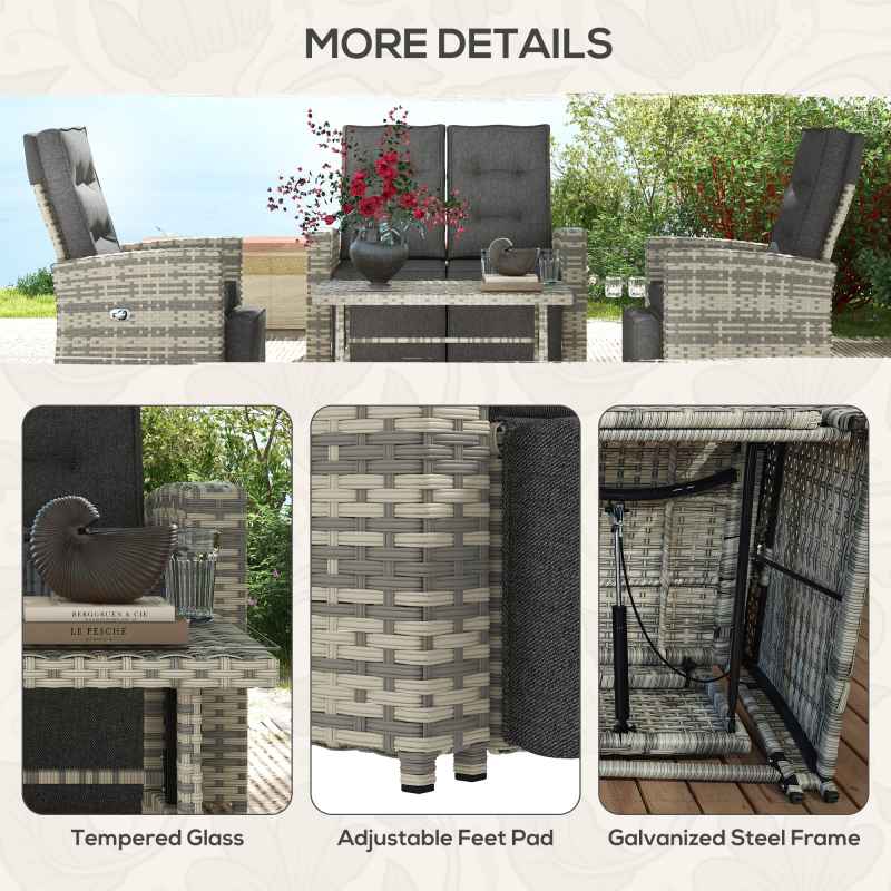 Outsunny 4 Piece Rattan Garden Furniture Set with Adjustable Backrest, Wicker Outdoor Furniture Sofa Set with Loveseat, Reclining Armchairs, Thickened Cushions and Glass Top Table, Light Grey