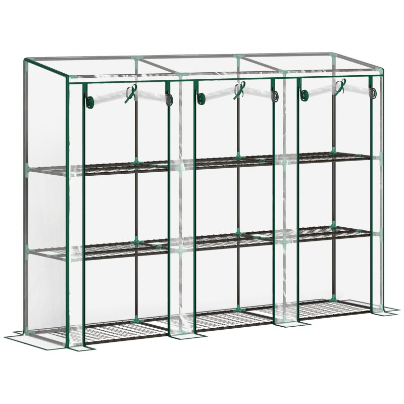 Outsunny 3 Tier Lean-to Mini Greenhouse with Reinforced Plastic Cover, Portable Indoor Outdoor Green House with 3 Roll-up Doors and 9 Wire Shelves, 151H x 215W x 46Dcm, Clear