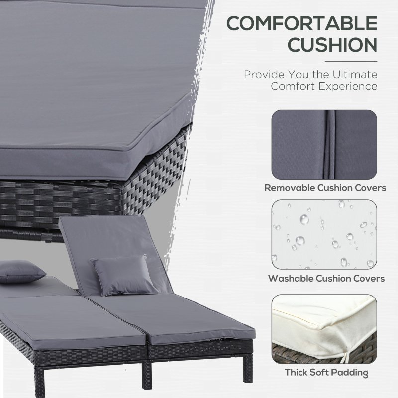 Outsunny Double Rattan Sun Lounger, Garden Daybed with 5-Level Adjustable Backrest, Outdoor Lounge Sunbed with Cushion and Pillows, 2 Seater Wicker Patio Furniture, Black