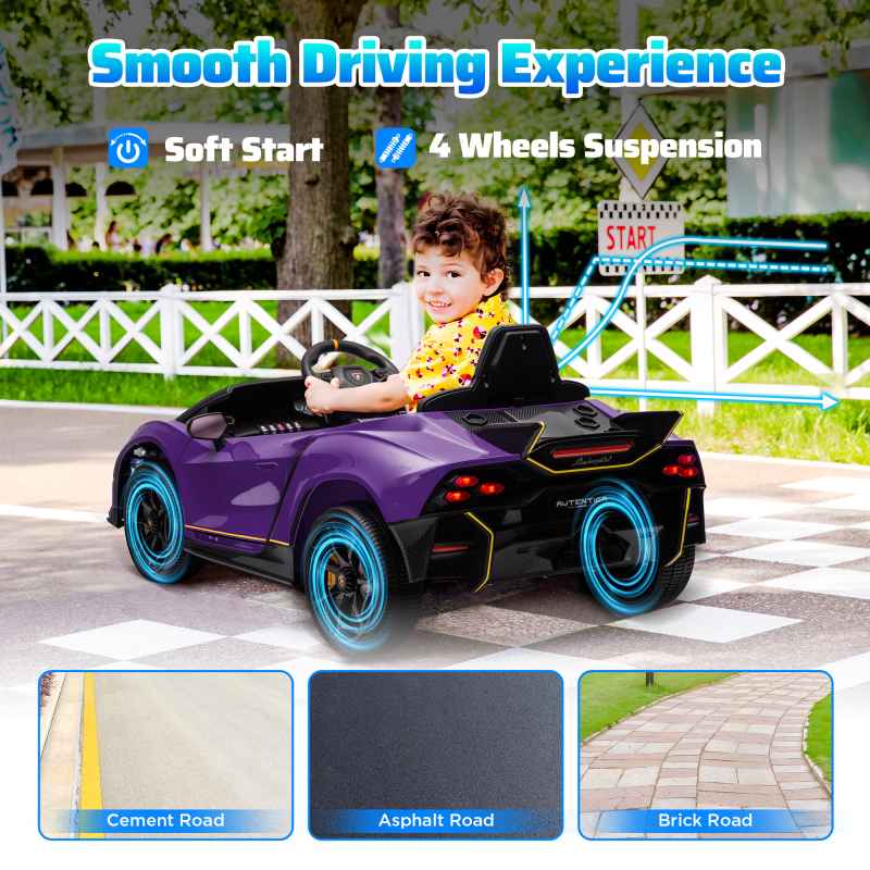 AIYAPLAY 12V Lamborghini Autentica Licensed Kids Electric Car with Butterfly Doors, Ride on Car with Remote Control, 4 Suspension Wheels, Soft Start, LED Lights, Music, Horn, Purple