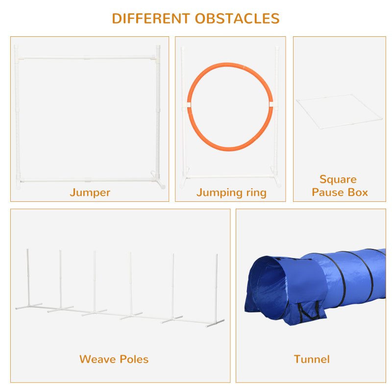 PawHut Dog Agility Equipment Set 6 PCs with 3(m) Tunnel, Canine Whistle, Pause Box, Dog Jumps, Weave Poles