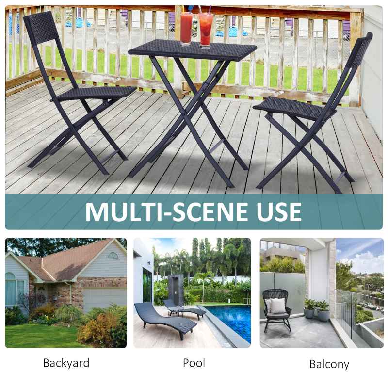 Outsunny 3 Pieces Folding Rattan Bistro Set, Garden Furniture Bistro Set with Folding Garden Table and Chairs, Wicker Balcony Furniture for Outdoor, Patio, Porch, Black