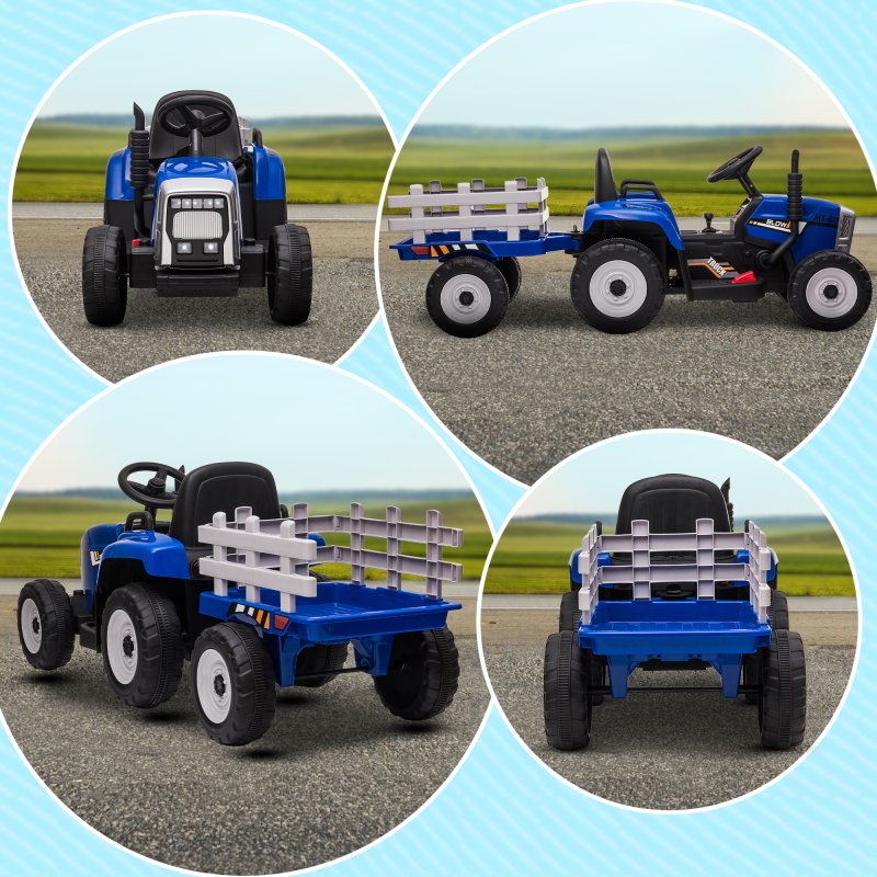 HOMCOM Electric Ride on Tractor 12V Kids Electric Car with Detachable Trailer Remote Control, Music, Horn, Lights, Start-Up Sound, for Ages 3-6 Years - Blue