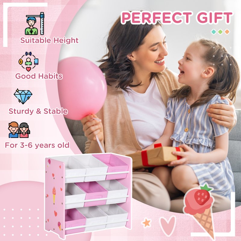 ZONEKIZ Kids Storage Unit Toy Box Organiser Bookshelf w/ Nine Removable Baskets, for Bedroom, Nursery, Playroom - Pink