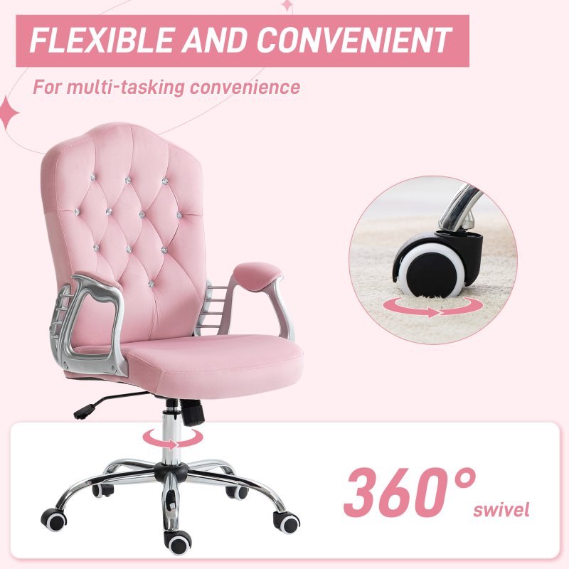Vinsetto Home Office Chair, Velvet Computer Chair, Button Tufted Backrest with Swivel Wheels, Adjustable Height and Tilt Function, Pink