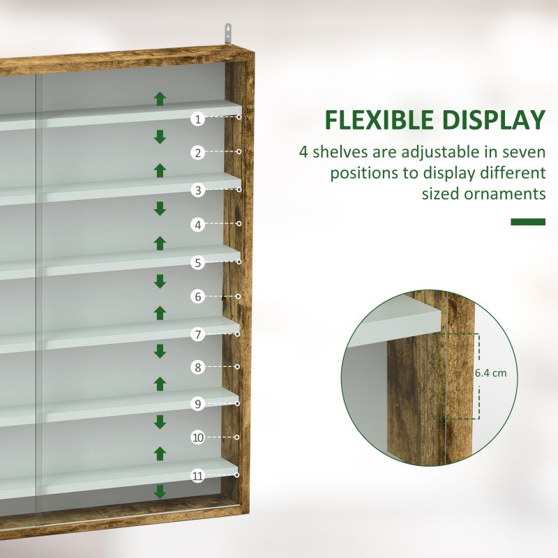 HOMCOM 7-Tier Wall Mounted Display Cabinet, Display Case with 6 Adjustable Shelves, Glass Doors for Home Office Ornaments 83x80cm, Rustic Brown
