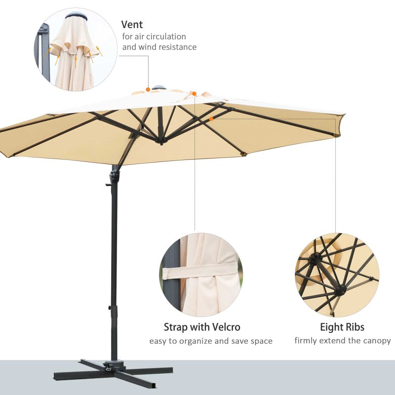 Outsunny 3(m) Patio Offset Parasol Roma Umbrella Cantilever Hanging Sun Shade Canopy Shelter Tilt 360 Rotation with Aluminium Frame Hand Crank Cross Base, Beige