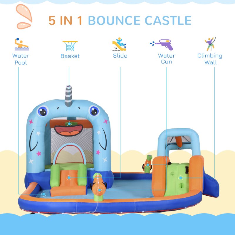 Outsunny 5 in 1 Kids Bouncy Castle Narwhals Style Inflatable House with Slide Trampoline Pool Water Gun Climbing Wall with Inflator Carrybag, 4.2 x 3.7 x 2.3m