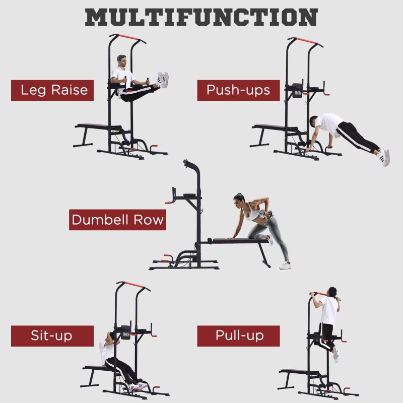 HOMCOM Multifunction Power Tower Home Workout Dip Station w/ Sit-up Bench Push-up Bars and Tension Ropes Fitness Equipment Office Gym Training