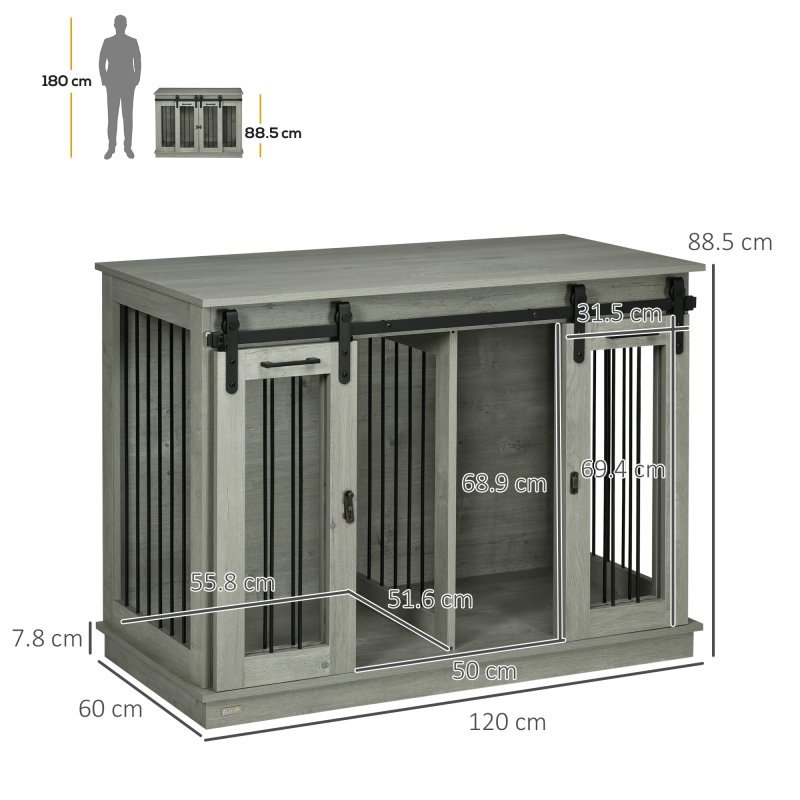 PawHut Dog Crate Furniture for Large Dog, Double Dog Cage for Small Dogs with Divider, Sliding Doors - Grey