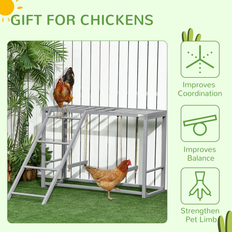 PawHut Chicken Activity Play with Swing Set, Wooden Chicken Coop Accessory with Multiple Chicken Perches & Hen Ladder for 3-4 Chickens, Grey