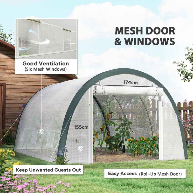 Outsunny 4 x 3(m) Walk-in Polytunnel Greenhouse with Upgraded Structure, Zipped Roll Up Mesh Door, 6 Mesh Windows, Tunnel Warm House Tent with PE Cover, 10 Plant Labels and Gloves, White