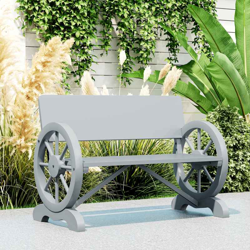Outsunny Wooden Garden Bench, 2 Seater Outdoor Bench Outdoor with Wagon Wheel Armrests and High Back, Grey