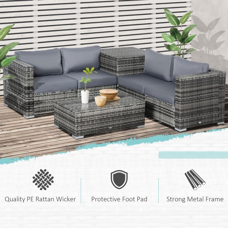 Outsunny 6 Pieces Rattan Garden Furniture Set, 4 Seater Wicker Garden Corner Sofa Set with 2 Storage Tables and Loveseats, Outdoor Conversation Furniture with Cushions for Conservatory, Patio, Grey