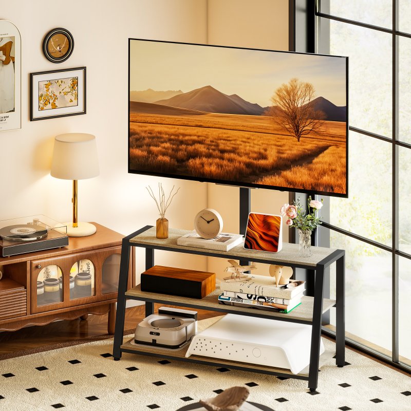 HOMCOM TV Stand Cabinet with Swivel Bracket for 32 - 65 Inch TVs, Industrial TV Cabinet with Open Shelves, Cable Management, Trapezoid-Shaped Steel Frame for Living Room, Bedroom, Rustic Brown