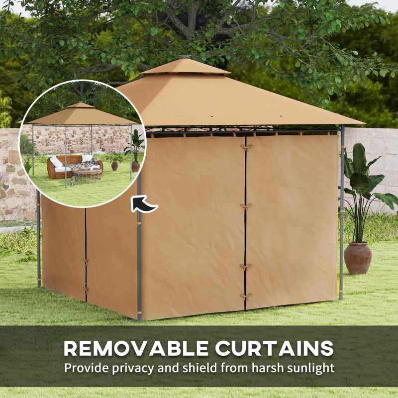 Outsunny 3 x 3 m Garden Gazebo, Double Roof Metal Gazebo with Curtains and Solar-Powered LED Lights, Outdoor Canopy Shelter for Patio, Deck, Brown