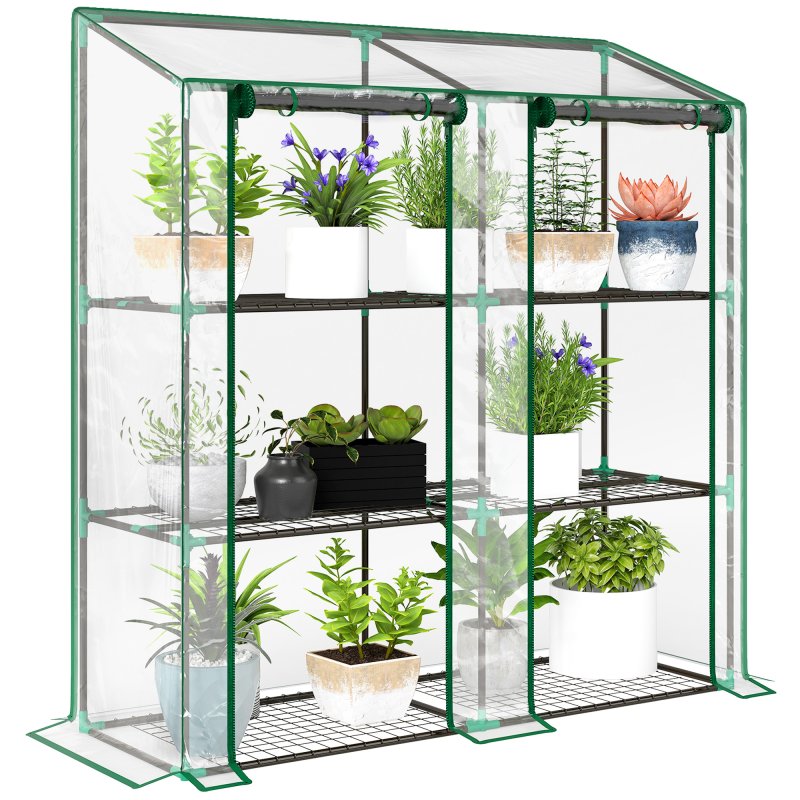 Outsunny 3 Tier Lean-to Mini Greenhouse with Reinforced Plastic Cover, Portable Indoor Outdoor Green House with 2 Roll-up Doors and 6 Wire Shelves, 151H x 143W x 46Dcm, Clear