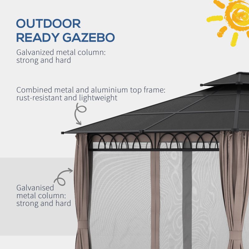 Outsunny 3.6 x 3 (m) Outdoor Polycarbonate Gazebo, Double Roof Hard Top Gazebo with Galvanised Steel Frame, Nettings & Curtains for Garden, Lawn, Patio and Deck