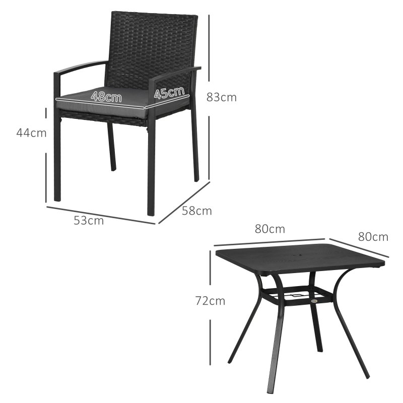 Outsunny 4 Seater Rattan Dining Set with Cushions, Wood Effect Metal Top Table with Umbrella Hole, PE Rattan Garden Furniture Set, Outdoor Dining Table and Chairs for Patio, Balcony, Lawn, Black