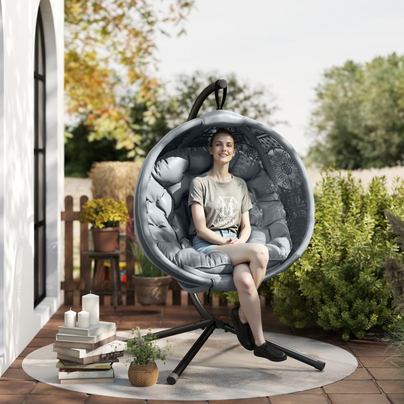Outsunny Outdoor Hanging Chair, Swing Chair with Metal Stand, Thick Padded Cushion, Foldable Basket and Side Pocket, for Indoor and Outdoor, Charcoal Grey