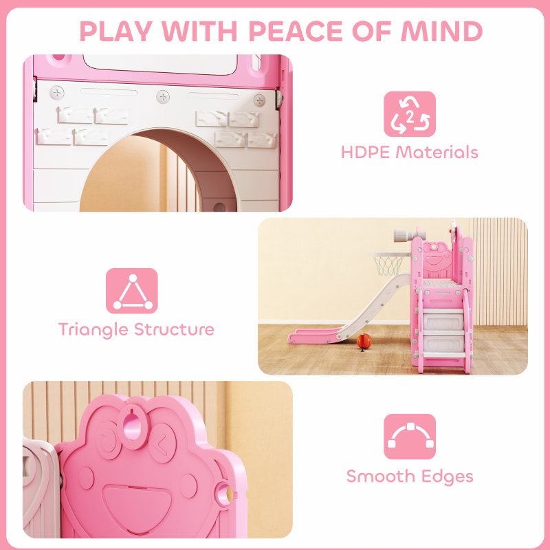 AIYAPLAY 7 in 1 Toddler Slide Set with Basketball Hoop, Outdoor & Indoor Frog Theme Playset with Climbing Frame, Telescope, Drawing Board, Storage Box for Toddlers Ages 1-3, Pink