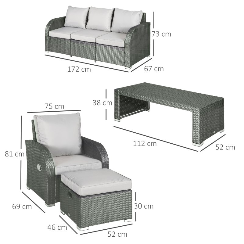 Outsunny Rattan Garden Furniture 7 Seater Sofa & Coffee Table Footstool Set Outdoor Patio Wicker Weave Reclining Chair Space-saving - Light Grey