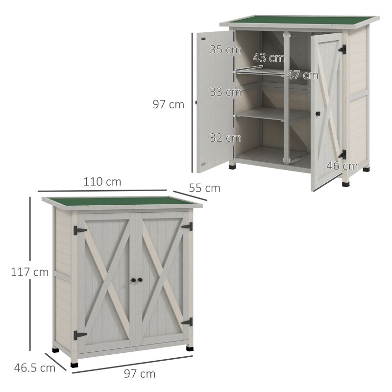 Outsunny Wooden Garden Storage Shed, Tool Cabinet Organiser with Shelves and Double Door, 110 x 55 x117cm, Light Grey