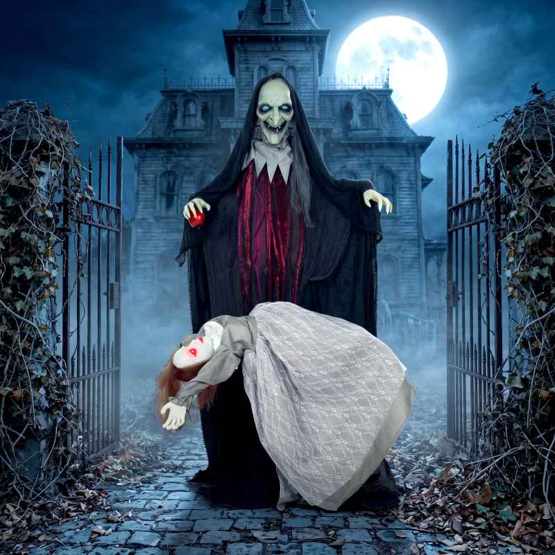 HOMCOM 71" Halloween Animated Standing Witch with Floating Ghost Decoration, Halloween Animated Prop with Light-Up Eyes, Sound and Touch Activated, Rising and Falling Motion for Haunted House Party