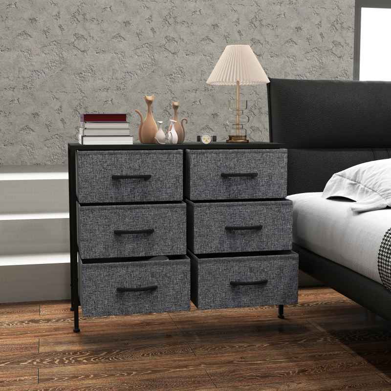 HOMCOM Fabric Chest of Drawers, Storage Drawers, Industrial Bedroom Dresser with 6 Fabric Drawers, Steel Frame and Wooden Top for Nursery, Living Room, Hallway, Black