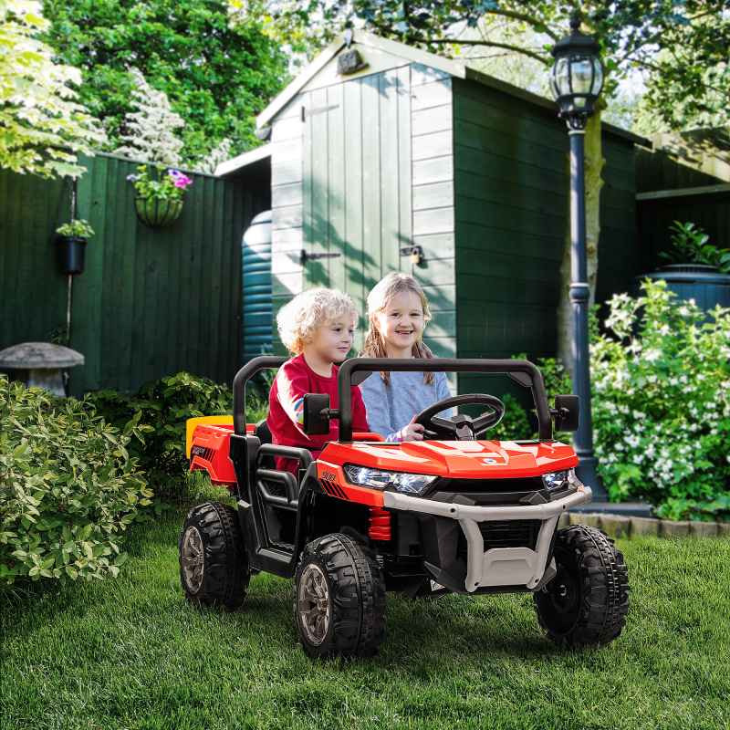 HOMCOM 2 Seater Kids Ride On Car with Electric Bucket, 12V Battery Powered Electric UTV with Shovel, Parental Remote, 4 Spring Suspension Wheels, Working Horn, Music - Red
