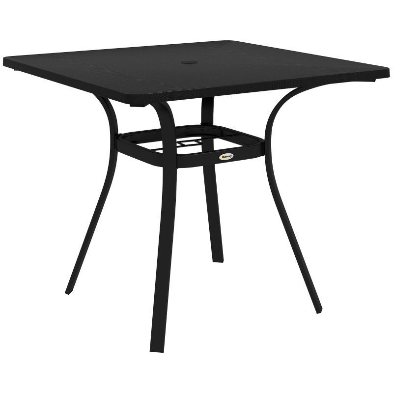 Outsunny Garden Dining Table, Outdoor Square Coffee Table with Wood Grain Effect Steel Tabletop, Parasol Hole and Foot Pads for Balcony, Porch, Black