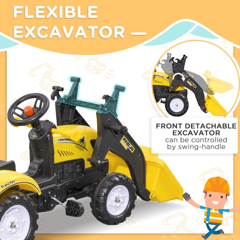 HOMCOM Kids Pedal Go Kart, Children Ride on Digger, Ride on Toy Car, Excavator Tractor Digger Dumper for Kids 3 Years, Yellow