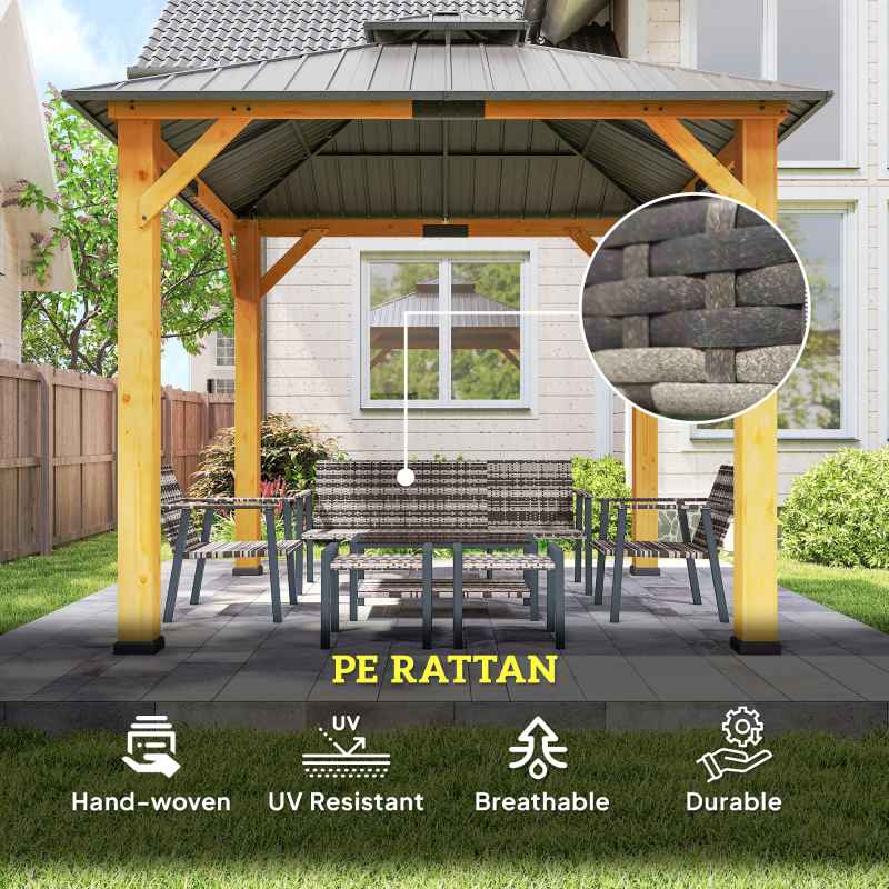Outsunny 6 Piece Rattan Garden Furniture Set with 3-Seater Sofa, 2 Chairs and 2 Footstools, 7 Seater Outdoor Sofa Set with Glass Top Coffee Table and Cushions for Balcony, Grey