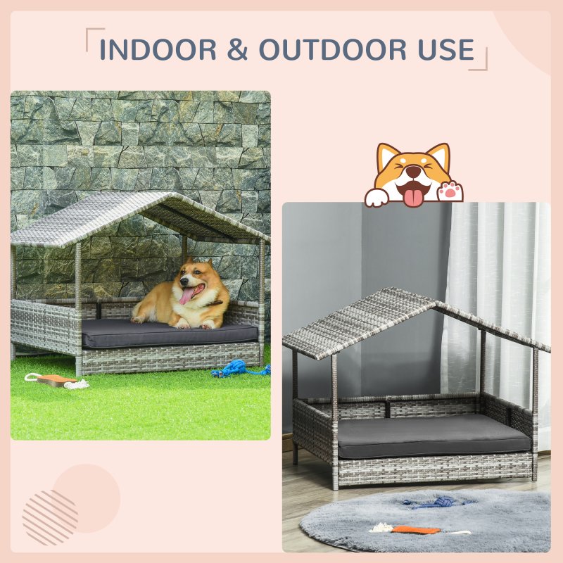 PawHut Wicker Dog Bed, Elevated Rattan Dog House with Removable Cushion and Canopy, for Small and Medium Dogs, 98 x 69 x 70cm - Dark Grey