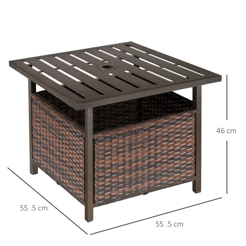 Outsunny Rattan Garden Coffee Table, 55.5 cm Square Wicker Patio Side Coffee Table with 4 cm Umbrella Hole, Metal Bottom and Slatted Top for Outdoor, Balcony, Brown