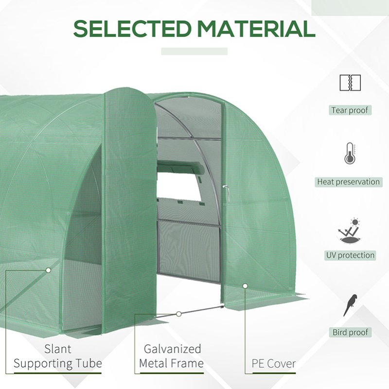 Outsunny Large Polytunnel Walk In Greenhouse, Plant Gardening Tunnel Green House with Metal Hinged Door, Galvanised Steel Frame & Mesh Windows, Green (3 x 4 m)