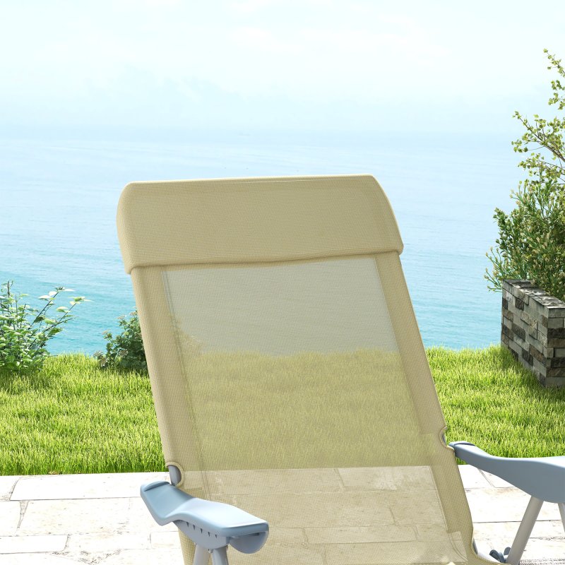 Outsunny Outdoor Sun Lounger Set of 2, Reclining Garden Chairs with Adjustable Footrest, 2 Pieces Recliner with 5-level Adjustable Backrest, Headrest, Beige