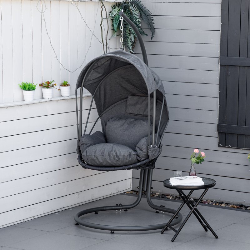 Outsunny Hanging Egg Chair with Cushion and Retractable Canopy, Swing Hammock Chair with Adjustable Metal Stand, for Indoor and Outdoor, Grey
