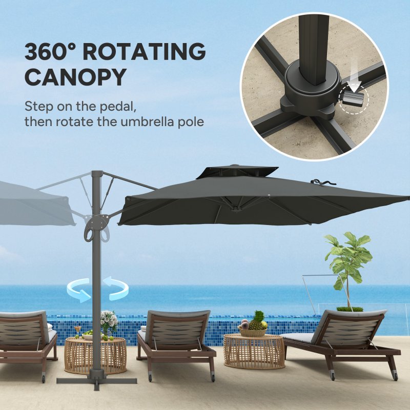 Outsunny 3 x 3 m Cantilever Parasol with Hydraulic Opening, Heavy Duty Aluminium Hanging Garden Parasol, Double Top Square Patio Umbrella with 360° Rotation, 8 Ribs, Cross Base, Grey