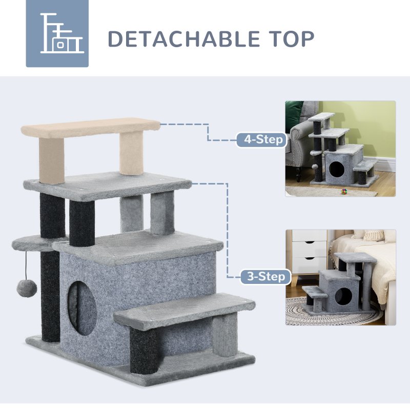 PawHut Dog Steps for Bed, 4 Step Pet Stairs with Cat House, Detachable Cover, Jute Scratching Post, Cat Climb ladder for Sofa w/ Hanging Balls  - Grey