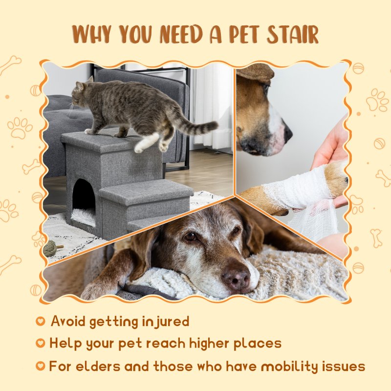 PawHut Dog Steps for Bed, 3 Step Pet Stairs with Kitten House and 2 Storage Boxes, 3 in 1 Dog Ramp for Sofa with Washable Plush Cushion, Light Grey