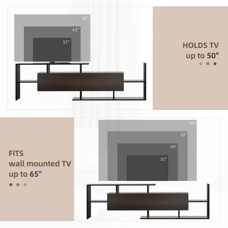 HOMCOM Modern TV Cabinet with Wall Shelf, TV Unit with Storage Shelf and Cabinet, for Wall-Mounted 65" TVs or Standing 40" TVs